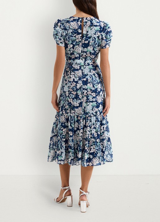 Phase Eight Azalea midi jurk met bloemenprint en strikceintuur - achterkant donkerblauw