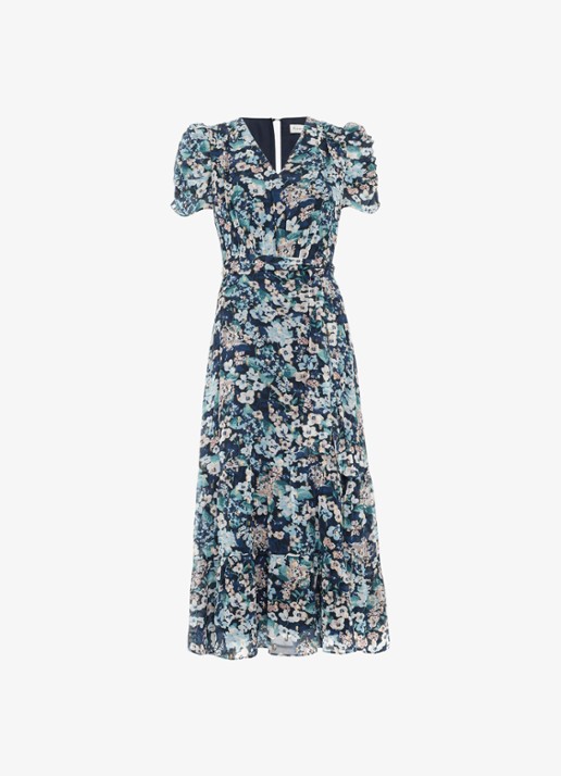 Phase Eight Azalea midi jurk met bloemenprint en strikceintuur - voorkant 2 donkerblauw