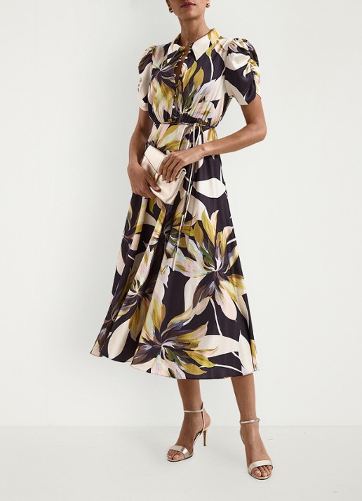 Phase Eight Bella midi blouse jurk met bloememprint - voorkant 2 zwart