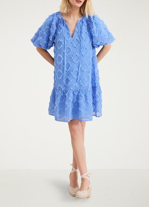 Phase Eight Bella midi jurk met strikkraag en structuur - voorkant 8 donkerblauw