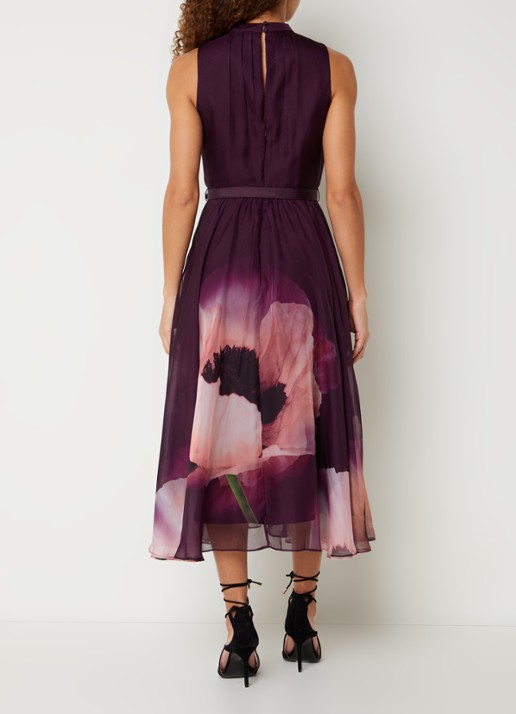 Phase Eight Bethany midi jurk met ceintuur en bloemenprint - achterkant 4 paars