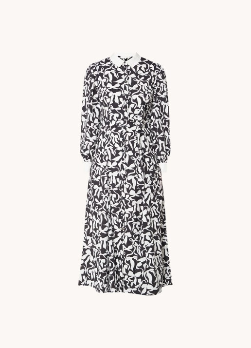 Phase Eight Bonnie midi blousejurk met print en strikceintuur  - voorkant 2 zwart