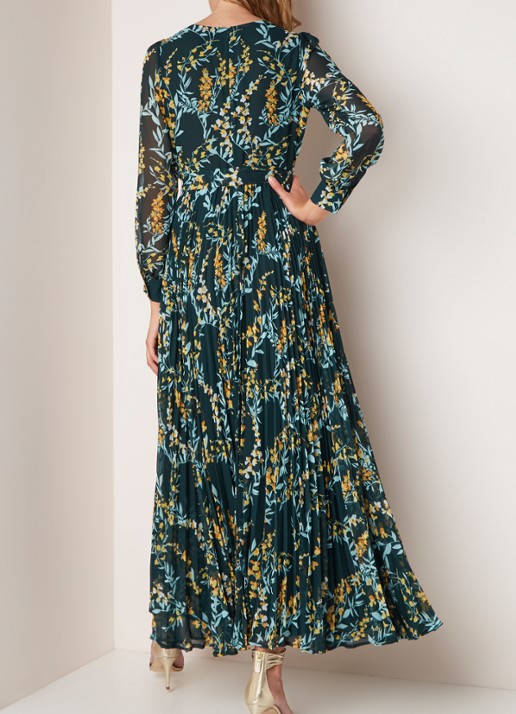 Phase Eight Carmen maxi jurk met plissé en strikceintuur - achterkant 3 flessengroen
