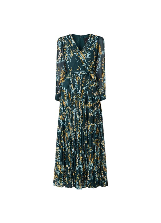 Phase Eight Carmen maxi jurk met plissé en strikceintuur - voorkant flessengroen