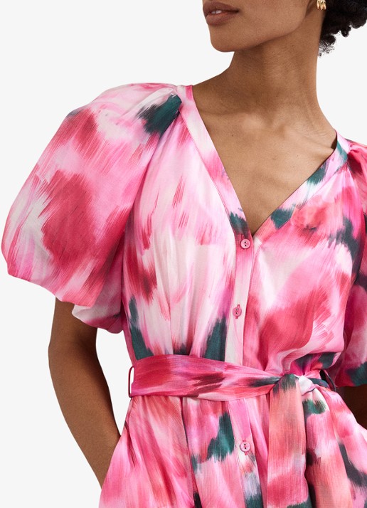 Phase Eight Caterina midi jurk met pofmouw en print - detail 3 roze