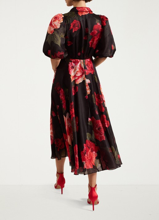 Phase Eight Cilla midi jurk met bloemenprint en pofmouw - achterkant zwart