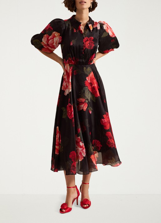 Phase Eight Cilla midi jurk met bloemenprint en pofmouw - detail 4 zwart