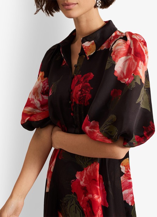 Phase Eight Cilla midi jurk met bloemenprint en pofmouw - detail 5 zwart