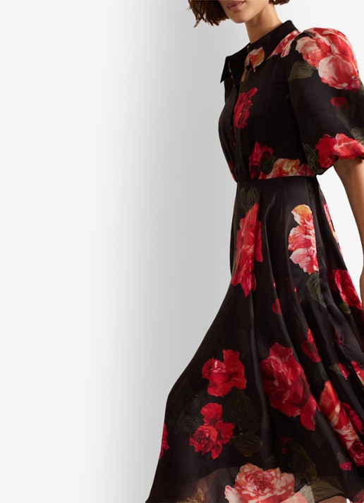 Phase Eight Cilla midi jurk met bloemenprint en pofmouw - detail 7 zwart