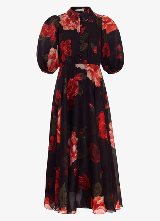 Phase Eight Cilla midi jurk met bloemenprint en pofmouw - voorkant 2 zwart
