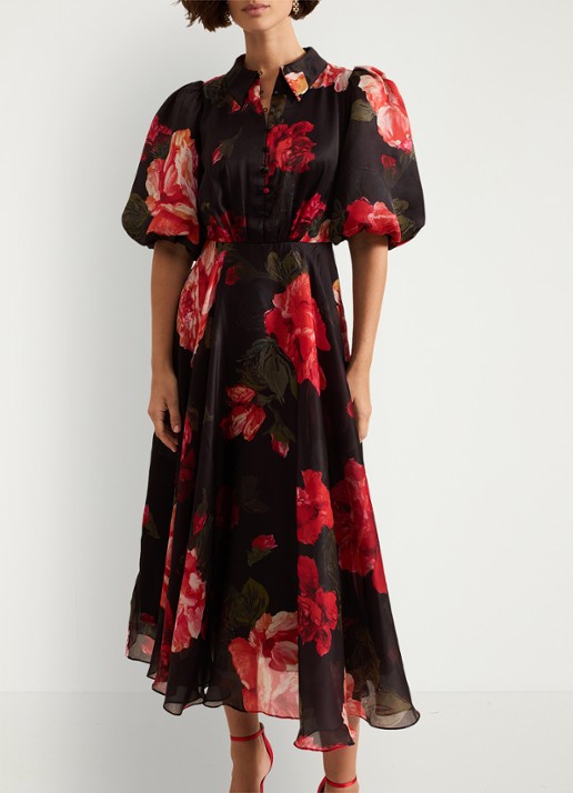 Phase Eight Cilla midi jurk met bloemenprint en pofmouw - voorkant 3 zwart