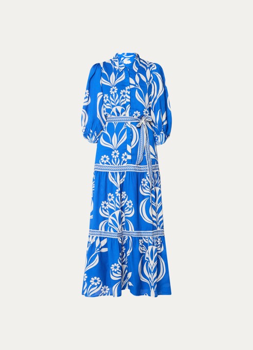 Phase Eight Coralie maxi blousejurk met print en strikceintuur - voorkant 2 kobaltblauw