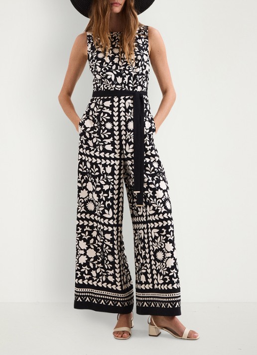 Phase Eight Cyra wide fit jumpsuit met bloemenprint en strikceintuur - voorkant 3 zwart