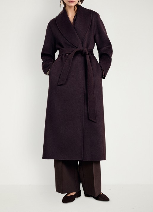 Phase Eight Daisy mantel in wolblend met strikceintuur - voorkant 7 aubergine