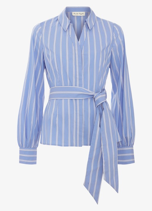 Phase Eight Dakota blouse met streepprint en strikceintuur - voorkant donkerblauw
