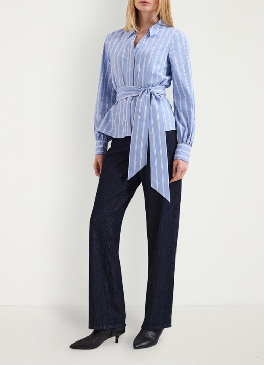Phase Eight Dakota blouse met streepprint en strikceintuur - voorkant 2 donkerblauw