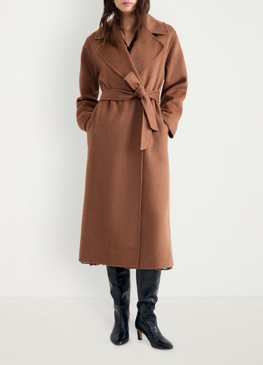 Phase Eight Darcy mantel in wolblend met strikceintuur - voorkant 2 bruin