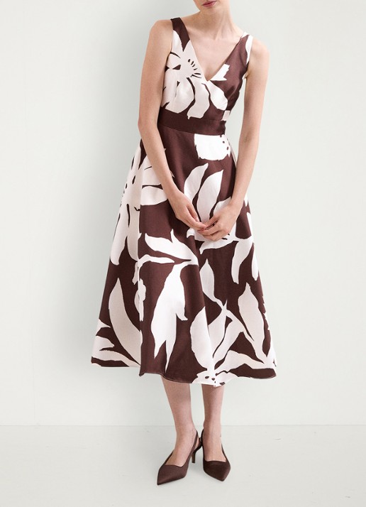 Phase Eight Delicia midi jurk met bloemenprint - voorkant 2 chocoladebruin