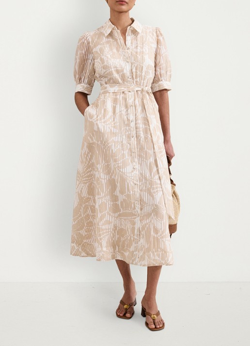 Phase Eight Delphine midi blousejurk met print en pofmouw - voorkant 8 creme
