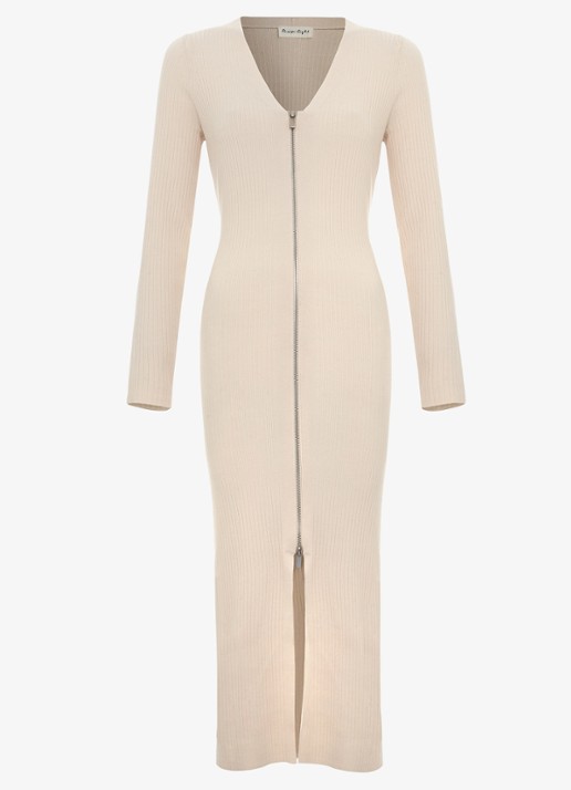 Phase Eight Ella fijngebreide midi jurk met split - voorkant 2 beige