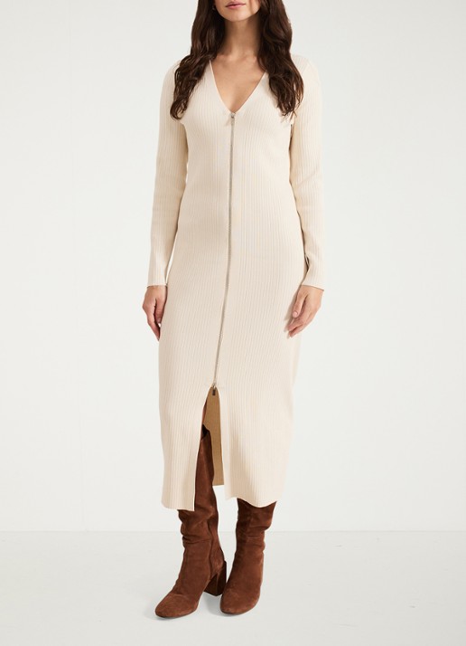 Phase Eight Ella fijngebreide midi jurk met split - voorkant 3 beige