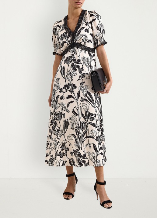 Phase Eight Feyre midi jurk van satijn met bloemenprint - voorkant 3 donkerblauw