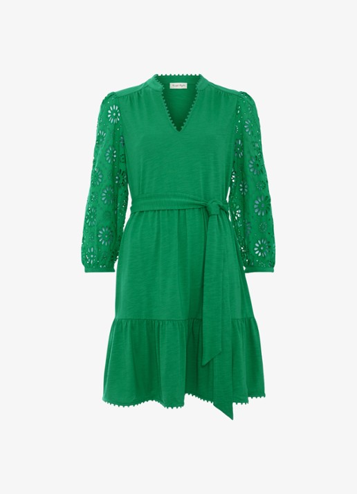 Phase Eight Florie mini jurk met strikceintuur en opengewerkt dessin - voorkant 6 green
