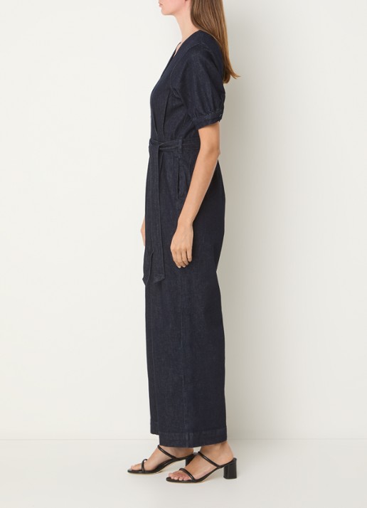 Phase Eight Florisa flared jumpsuit van denim met strikceintuur - voorkant 4 indigo