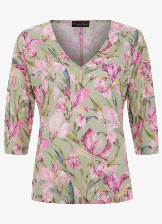 Phase Eight Flossie top van linnen met bloemenprint - voorkant lindegroen