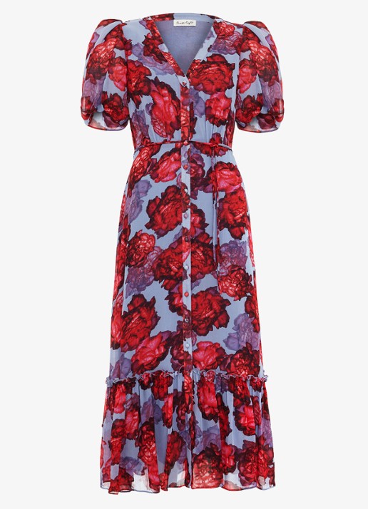 Phase Eight Francesca midi blousejurk met bloemenprint - voorkant lichtblauw