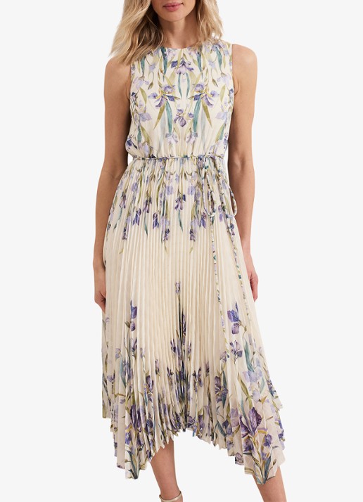 Phase Eight Georgiana mouwloze midi jurk met bloemenprint en plissé
