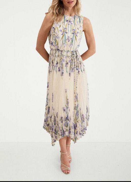 Phase Eight Georgiana mouwloze midi jurk met bloemenprint en plissé - voorkant 3 creme
