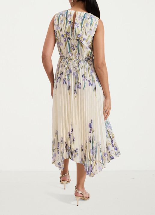 Phase Eight Georgiana mouwloze midi jurk met bloemenprint en plissé - achterkant 3 creme