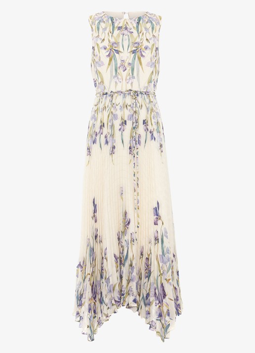 Phase Eight Georgiana mouwloze midi jurk met bloemenprint en plissé - voorkant creme