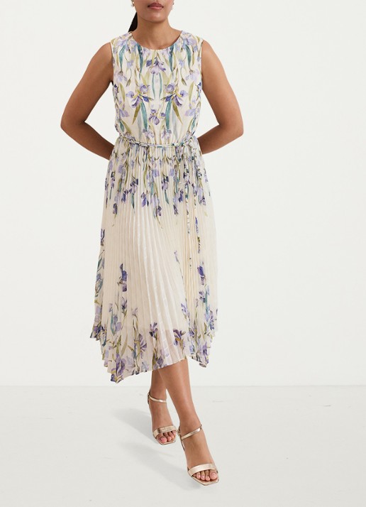 Phase Eight Georgiana mouwloze midi jurk met bloemenprint en plissé - voorkant 2 creme