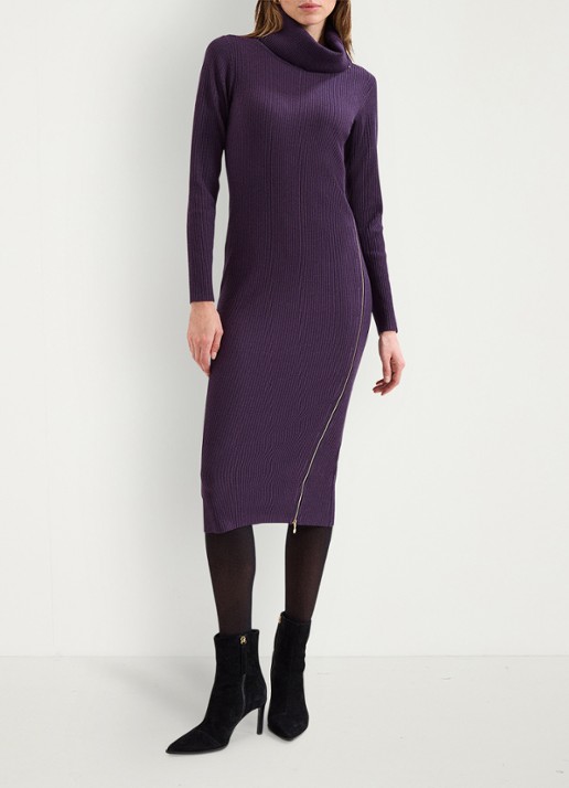 Phase Eight Hartley ribgebreide midi jurk met opstaande kraag  - voorkant 7 paars