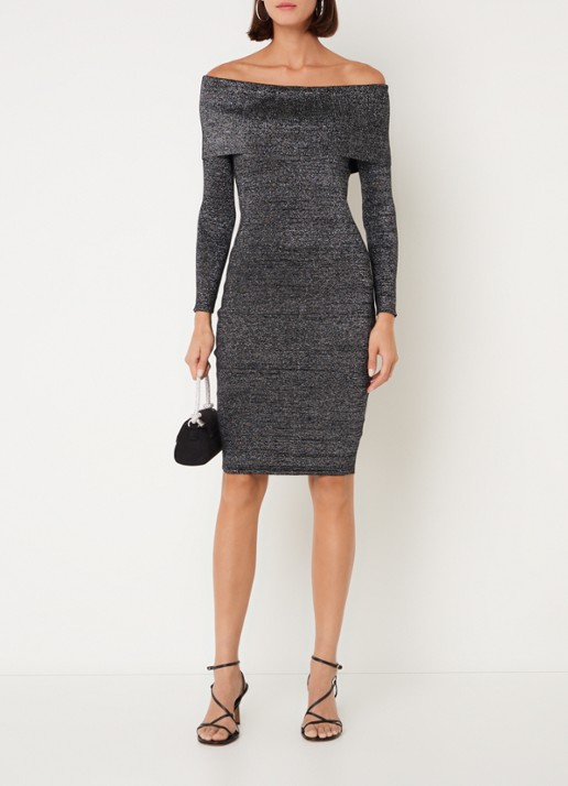 Phase Eight Heidi off shoulder fijngebreide mini jurk met lurex - voorkant 2 donkergrijs