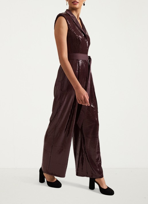 Phase Eight Ivey wide fit jumpsuit met pailletten en strikceintuur - detail 7 bordeauxrood