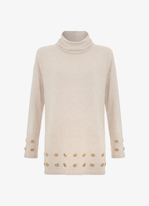 Phase Eight Jennie fijngebreide trui met opstaande kraag - voorkant 7 beige