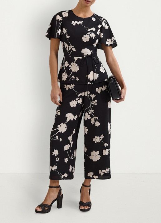 Phase Eight Jolie wide fit jumpsuit met bloemenprint en strikceintuur - voorkant 2 zwart