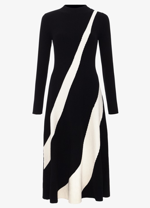 Phase Eight Julie ribgebreide midi jurk met print - voorkant 7 zwart