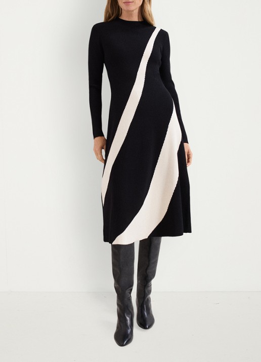 Phase Eight Julie ribgebreide midi jurk met print - voorkant 8 zwart