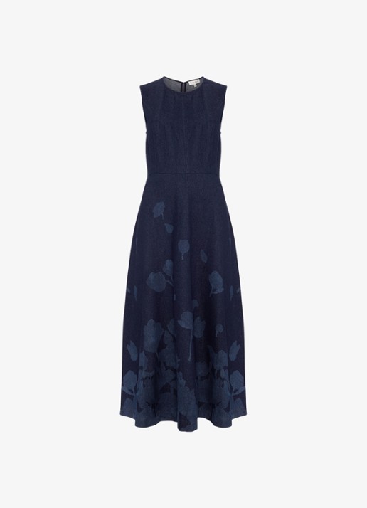 Phase Eight Juliette midi jurk met print en steekzakken - voorkant 2 denim