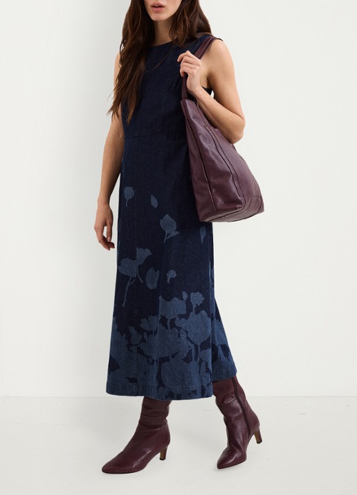 Phase Eight Juliette midi jurk met print en steekzakken - voorkant 3 denim