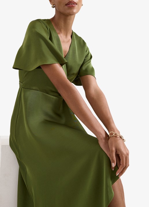 Phase Eight Julissa midi wikkeljurk van satijn - detail 4 khaki