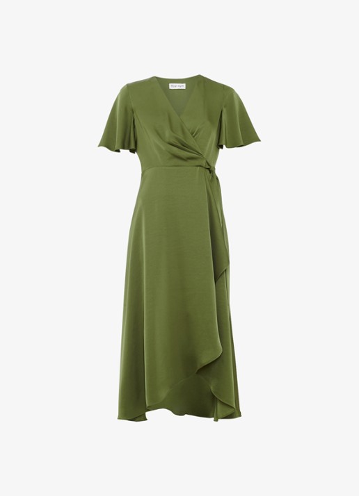 Phase Eight Julissa midi wikkeljurk van satijn - voorkant 6 khaki