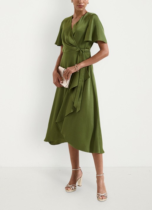 Phase Eight Julissa midi wikkeljurk van satijn - voorkant 7 khaki
