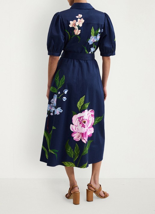 Phase Eight Kerrie midi jurk met bloemenprint en strikceintuur - achterkant 3 donkerblauw