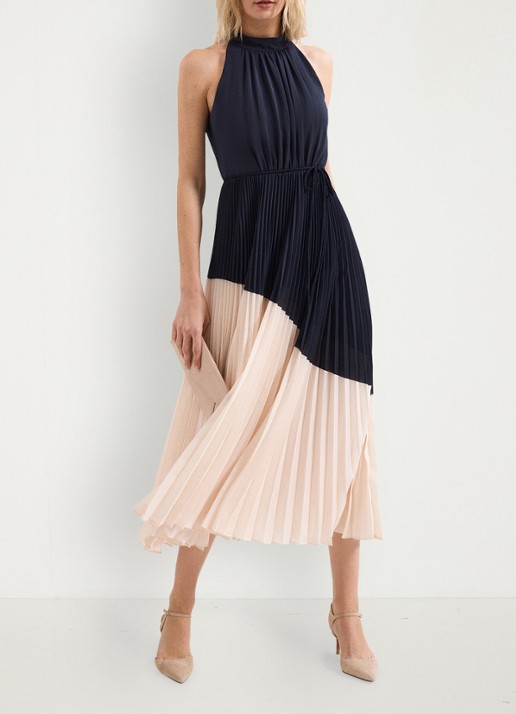 Phase Eight Kimira midi jurk met plooien - voorkant 3 donkerblauw