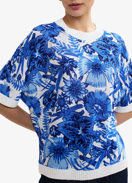 Phase Eight Lizzy fijngebreide top in linnenblend met bloemenprint - detail 5 blauw